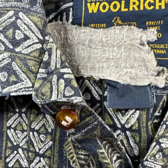 Woolrich Hawaiian Shirt Mens Large Blue White Polynesian Cotton Button Up FLAW - Picture 12 of 13